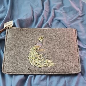Dark Gray Felt Clutch with OOAK Peacock Artwork